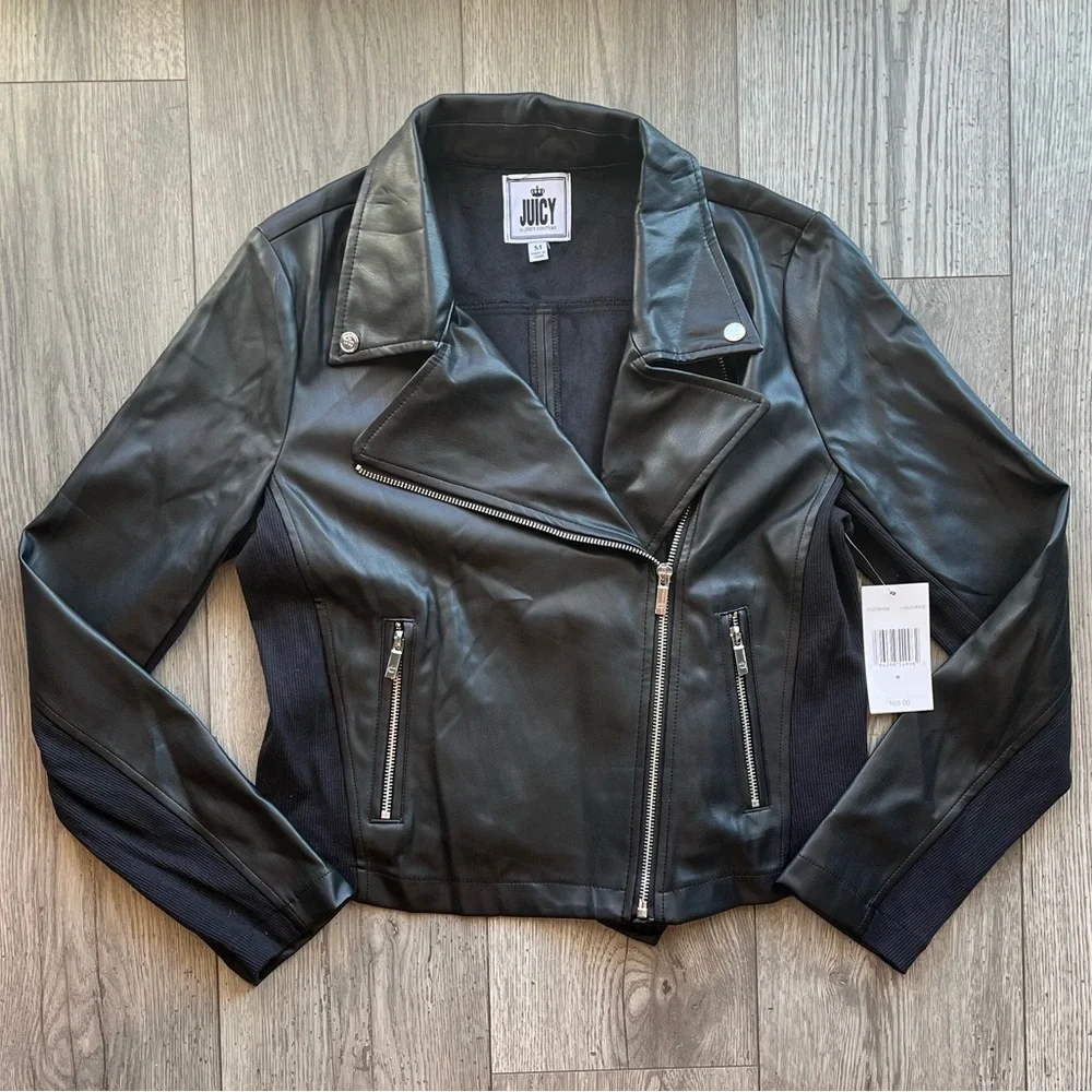 Juicy Couture Women’s Faux Leather Moto Jacket Side Paneling Black Medium NWT